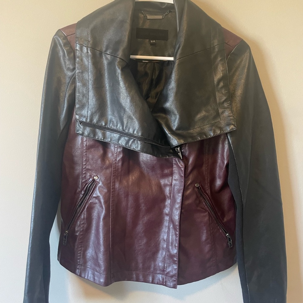 Women's Black and Maroon Faux Leather Jacket
